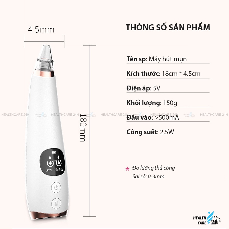 Máy hút mụn cầm tay mini cao cấp thế hệ mới Healthcare24h G003, thiết kế 3 chế độ hút bay mụn đầu đen, mụn cám