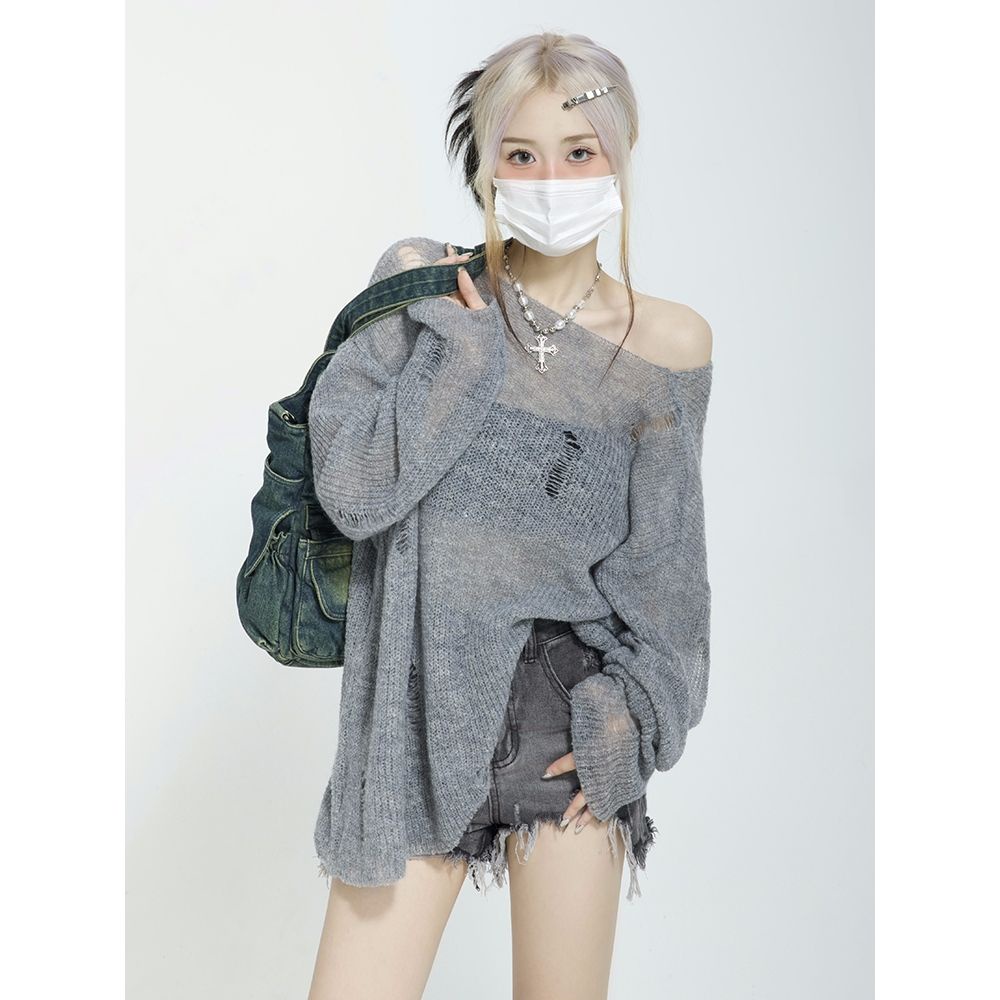 Áo Sweater Dệt Kim Mỏng Tay Dài Chống Nắng Phong Cách Retro Cho Nữ y2k