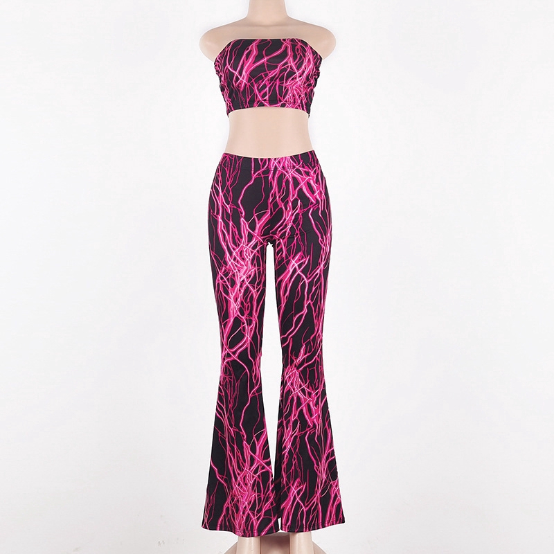 DUNEA Set Đồ 2 Mảnh Gồm Áo Croptop Và Quần Dài Ống Loe In Họa Tiết Bất Đối Xứng Thời Trang Dành Cho Nữ