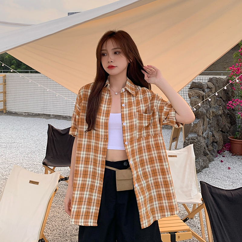 SUXI Áo sơ mi tay ngắn họa tiết caro phong cách Hàn Quốc cá tính cho nữ