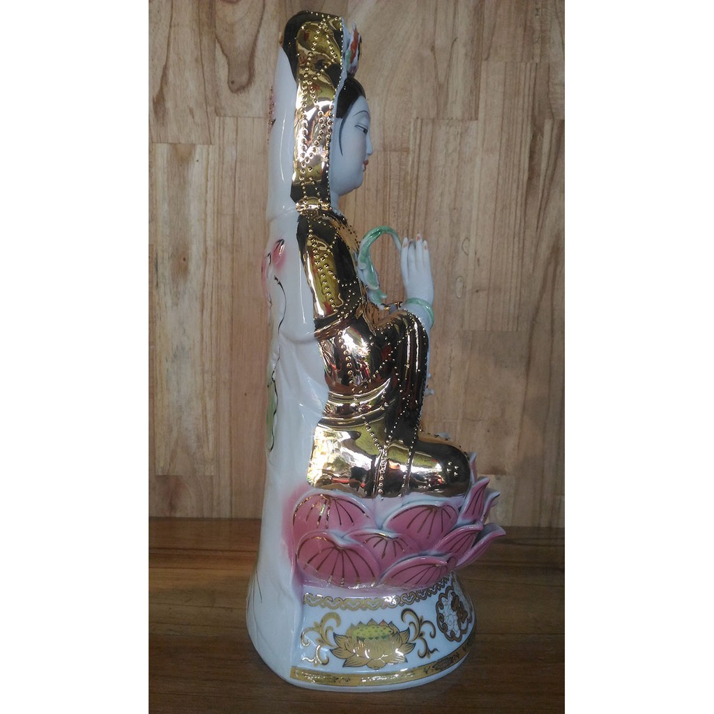 Tượng Quan Âm Áo Vàng Ngồi Tòa Sen Hồng 16 Inch