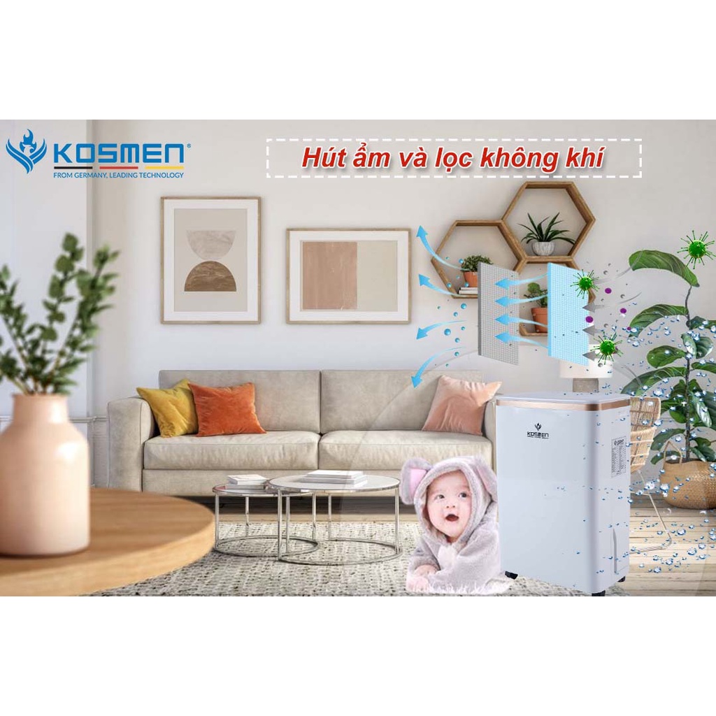 Máy hút ẩm thương hiệu Đức KOSMEN, sấy quần áo, khử mùi, diệt khuẩn, thanh lọc không khí, chính hãng