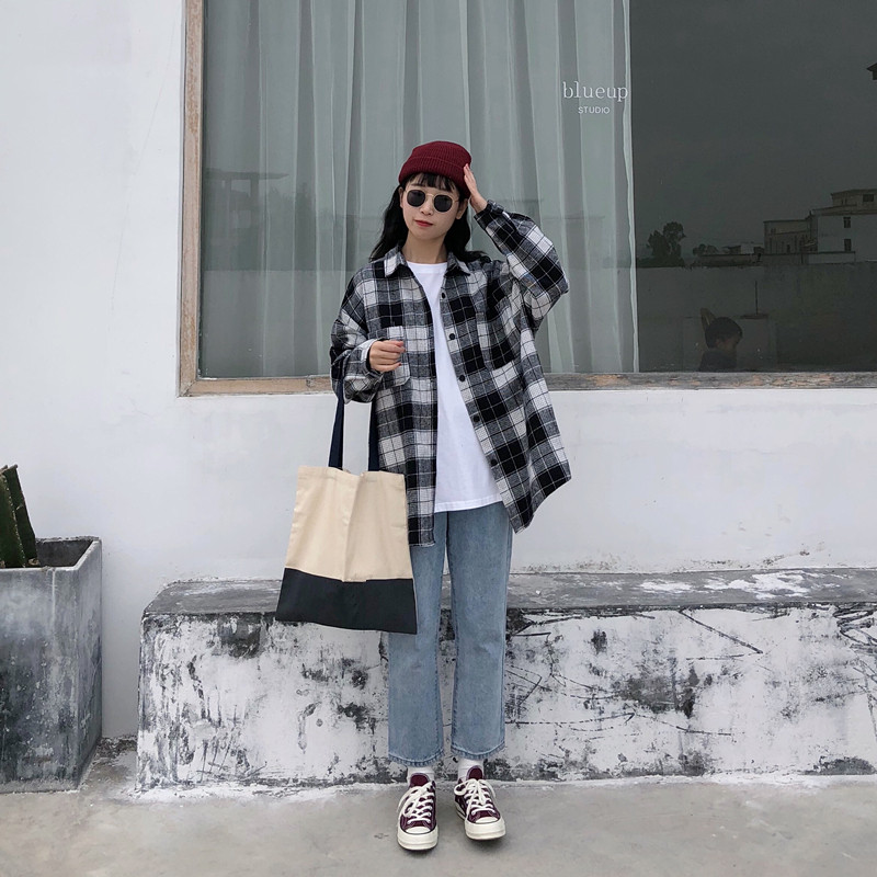 Áo sơ mi tay dài dáng rộng in họa tiết caro thời trang Hàn Quốc