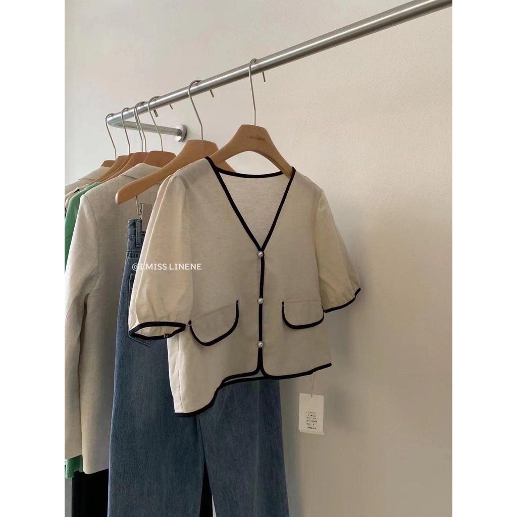 Áo Linen viền cổ V khuy trai 2471 I MISS