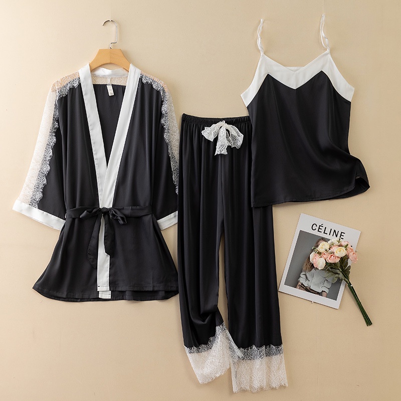 Bộ Đồ Ngủ 3 Món Bằng Lụa Mát Tay Dài Phối Ren Thời Trang Mùa Hè Xinh Xắn Cho Nữ