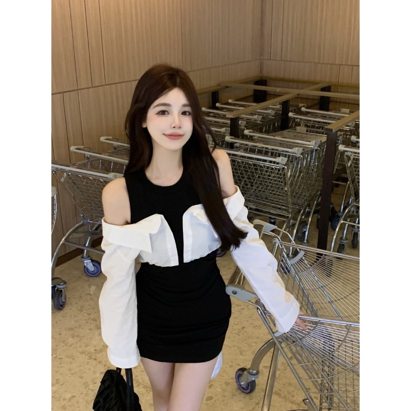 COZOK Đầm Tay Dài Phối Màu Tương Phản Quyến Rũ Thời Trang Cho Nữ