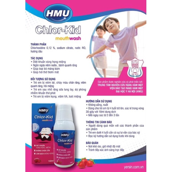 Nước súc miệng sát khuẩn họng trẻ em Chlor-kid HMU - Đại học Y Hà Nội