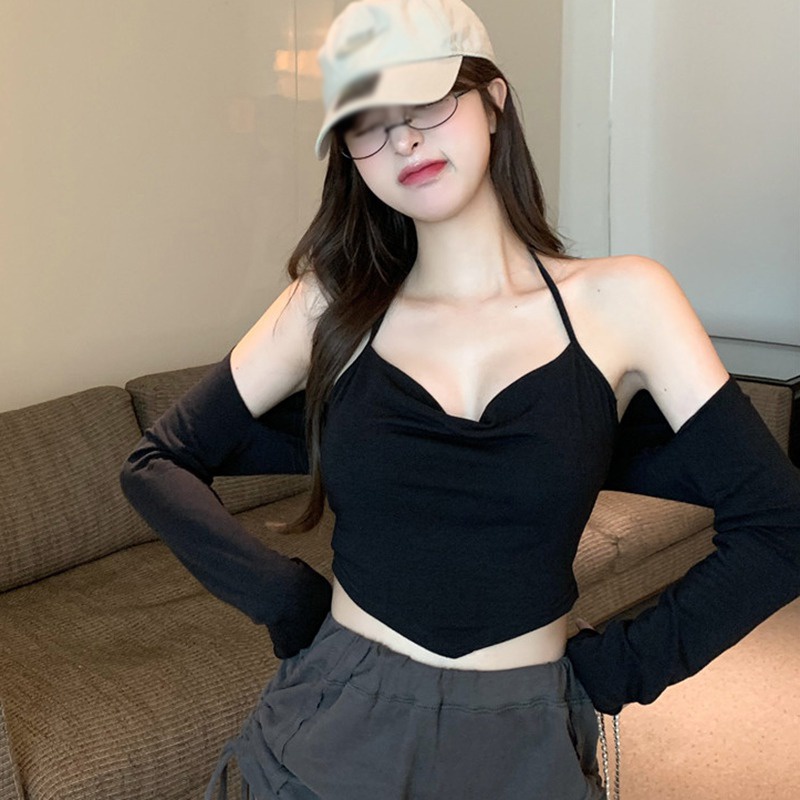 Bộ Áo Sơ Mi Tay Dài Màu Trơn + Áo hai dây Cổ Yếm Phong Cách Hàn Quốc Thời Trang Cho Nữ