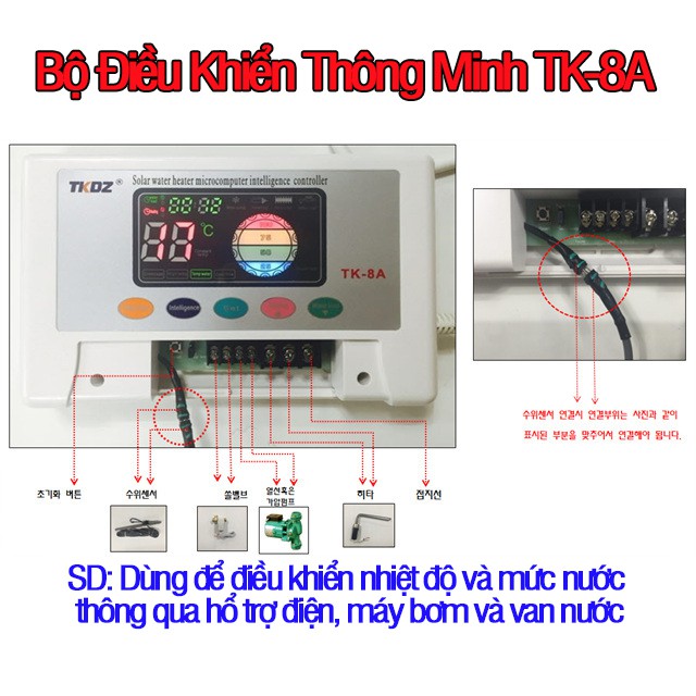 Bộ điều khiển thông minh TK-8A điều khiển nhiệt độ và mức nước trong máy nước nóng năng lượng mặt trời