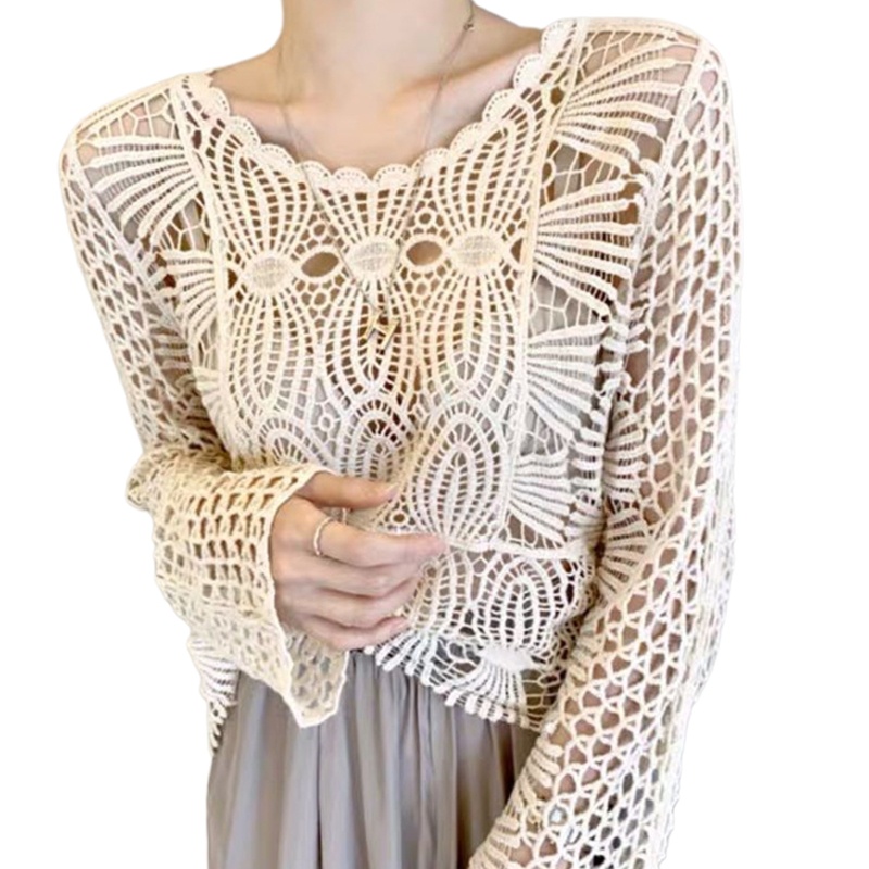 Áo Croptop Dệt Kim Phối Ren Hoa Tay Dài Ống Loe Che Phủ Lỗ Thời Trang Mùa Hè Cho Nữ