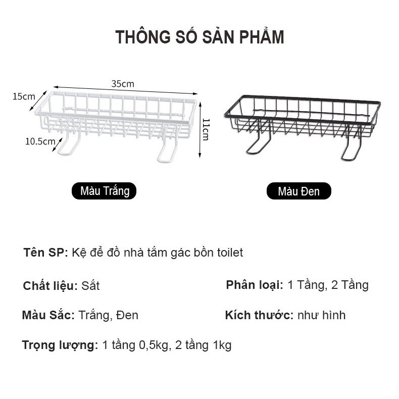 Kệ để đồ nhà tắm gác bồn toilet thông dán tường không cần khoan chất liệu thép phun sơn tĩnh điện bền bỉ chống rỉ