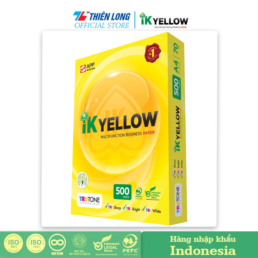 Ream giấy IK Yellow đa năng A4 70 gsm (500 tờ) - Hàng nhập khẩu Indonesia