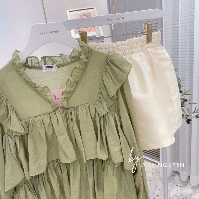 Set áo babydoll tơ đũi bèo tầng mix quần lụa đi chơi đi tiệc đi du lịch