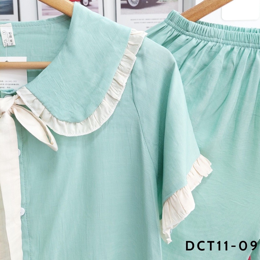 Đồ bộ mặc nhà pijama đũi lửng trơn cổ bèo viền ren mềm mát
