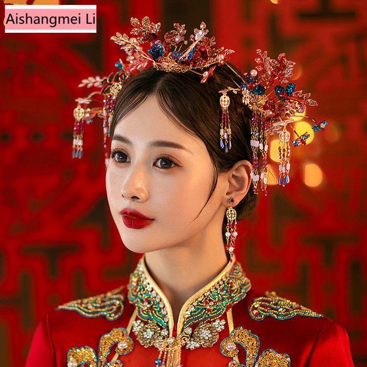 [Aishang Trang Sức Đẹp] Vương Miện Phượng Hoàng Pha Lê Tua Rua Phong Cách Trung Hoa Cổ Điển Mới Cưới
