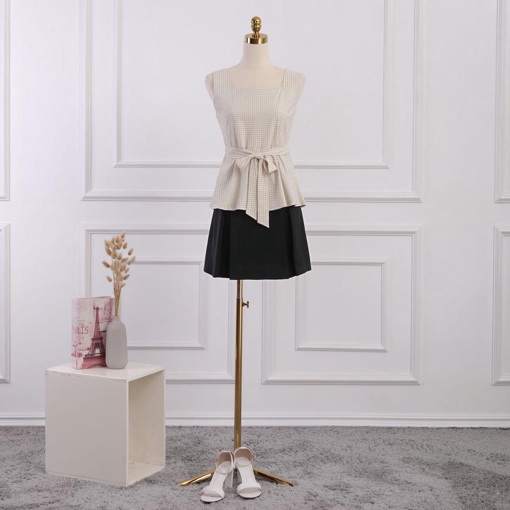 Áo sát nách nữ, cổ vuông, họa tiết kẻ caro, phối nơ eo , thiết kế cao cấp TK Fashion - SMKA162