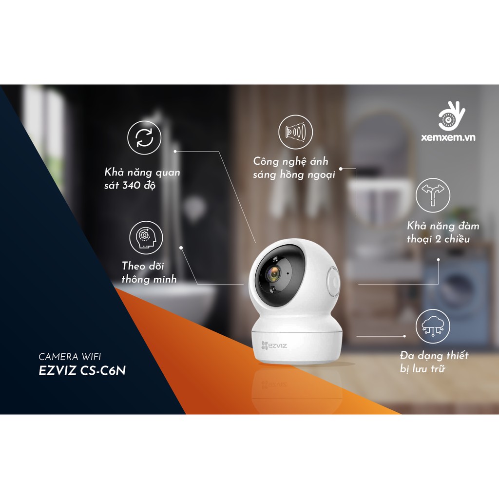 Camera ezviz C6N Full HD 1080P 2MP Không dây trong nhà xoay 360 Độ PTZ, Camera wifi ezviz- Bảo hành 2 Năm | BigBuy360 - bigbuy360.vn