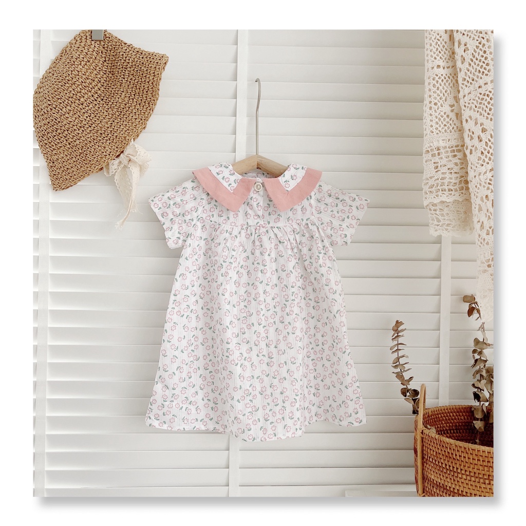 Váy hè cộc tay hoa nhí cổ phối màu cho bé 8-23Kg  - Chất thô hoa mỏng mát