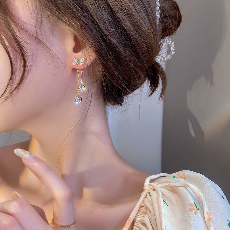 Bông Tai Mạ Bạc 925 Hình Nơ Tua Rua Đính Đá Thời Trang Hàn Quốc