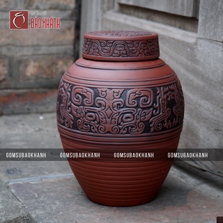 Chum, Nậm sành cao cấp 5L đắp nổi hoa văn cổ gốm sứ Bát Tràng, bảo hành 2 năm.
