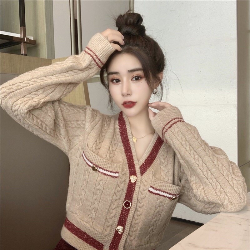 Áo croptop cadigan len thừng viền đỏ chất len đanh mềm mịn freesize