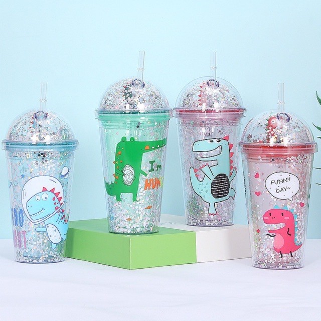 Cốc uống nước hình khủng long siêu dễ thương kèm ống hút