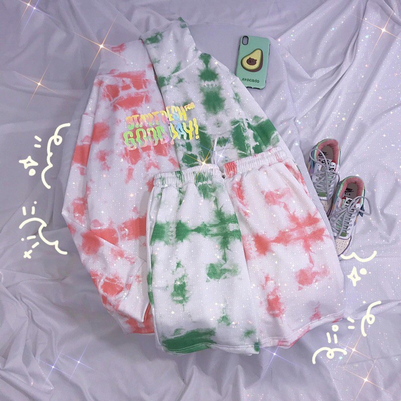 Set Hoodie Loang Màu Đùi Chữ Phản Quang/Cartoon Suit Phản Quang Ảnh Thật