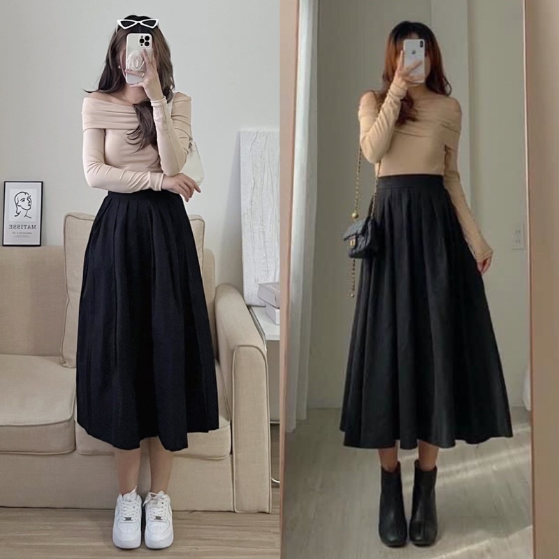 Chân váy xếp ly kaki 2 da dài dáng xòe công sở ba màu dễ phối đồ