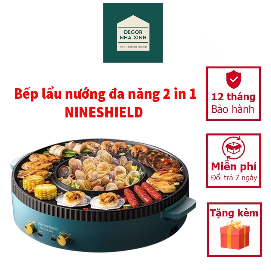 Bếp lẩu nướng 2 in 1 - Nồi lấu nướng đa năng NINESHIELD không khói nhiều chế độ, chống dính, 2 mâm nhiệt công suất 1200W