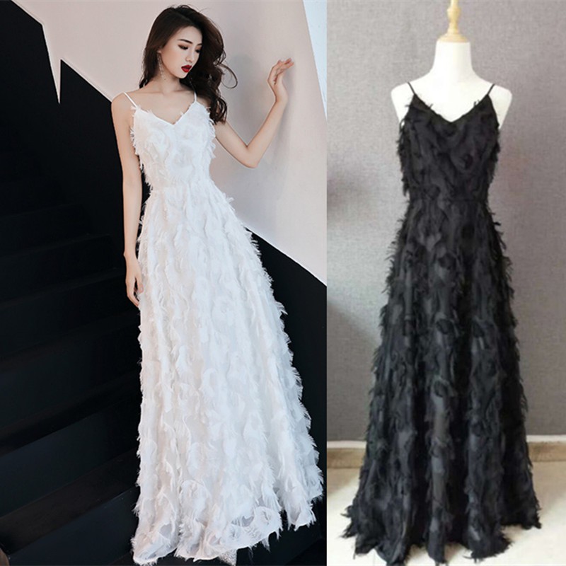 Đầm váy dự tiệc dài 2 dây cổ V lông cotton đen trắng bigsize dạ hội đám cưới giá rẻ đẹp