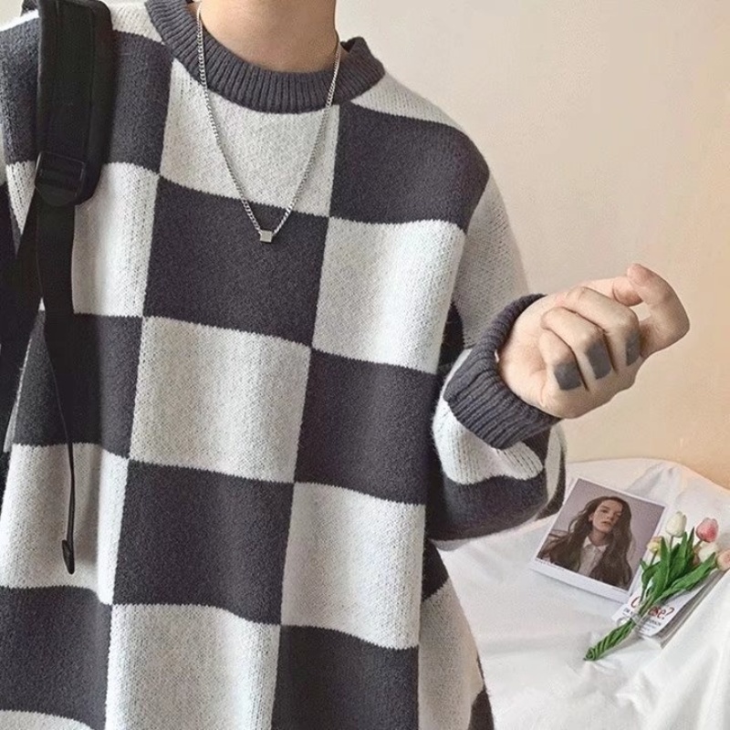 Áo sweater cổ tròn dáng rộng kẻ sọc ca rô phong cách Hàn Quốc retro thời trang cho cặp đôi