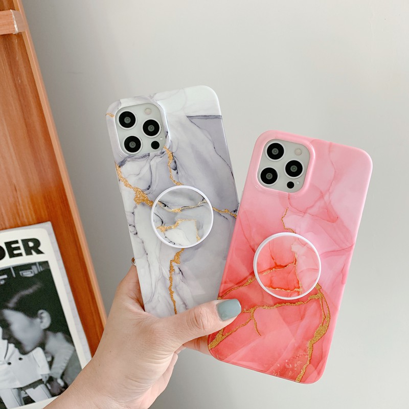 Case For iPhone 12 Pro Max 12 Mini 11 Pro Max XS Max XR X 7 Plus 8 Plus SE 2020 Shockproof Gold Powder Marble Folding Bracket Soft Phone Case Cover