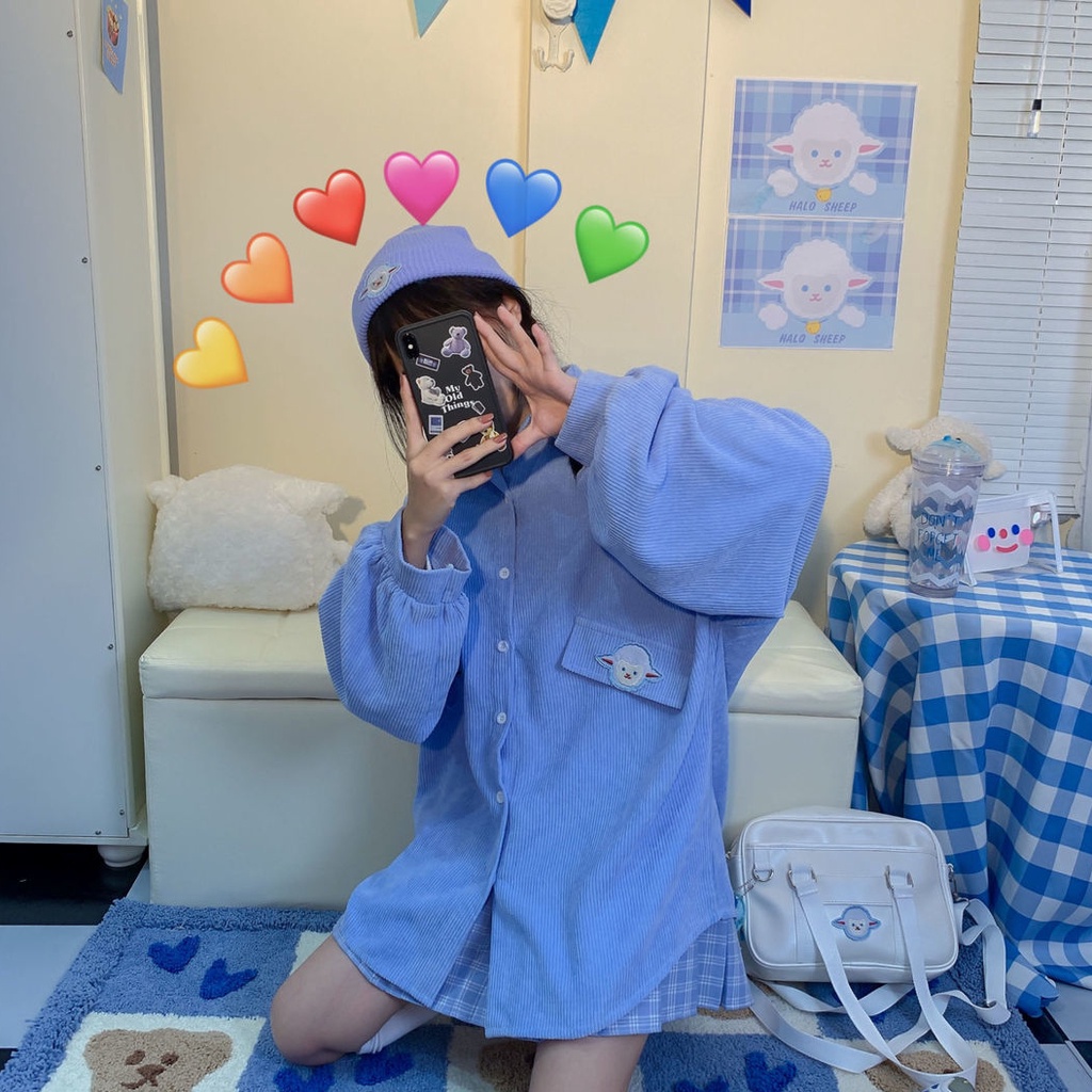 Áo Sơ Mi Nhung Kẻ Thêu Hình Dễ Thương Dành Cho Nữ