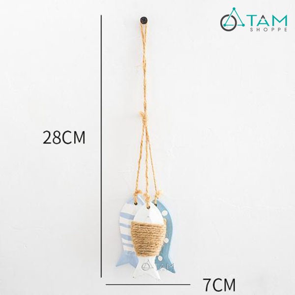 Chùm 3 con cá gỗ treo trang trí quấn dây thừng CG-05