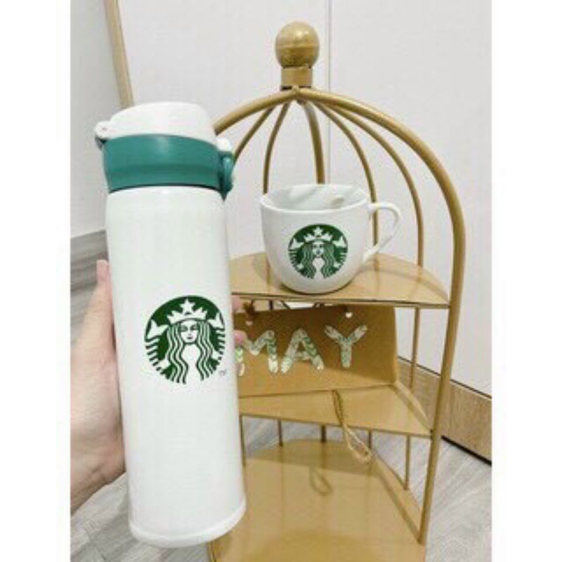 Combo bình giữ nhiệt và cốc sứ Starbucks
