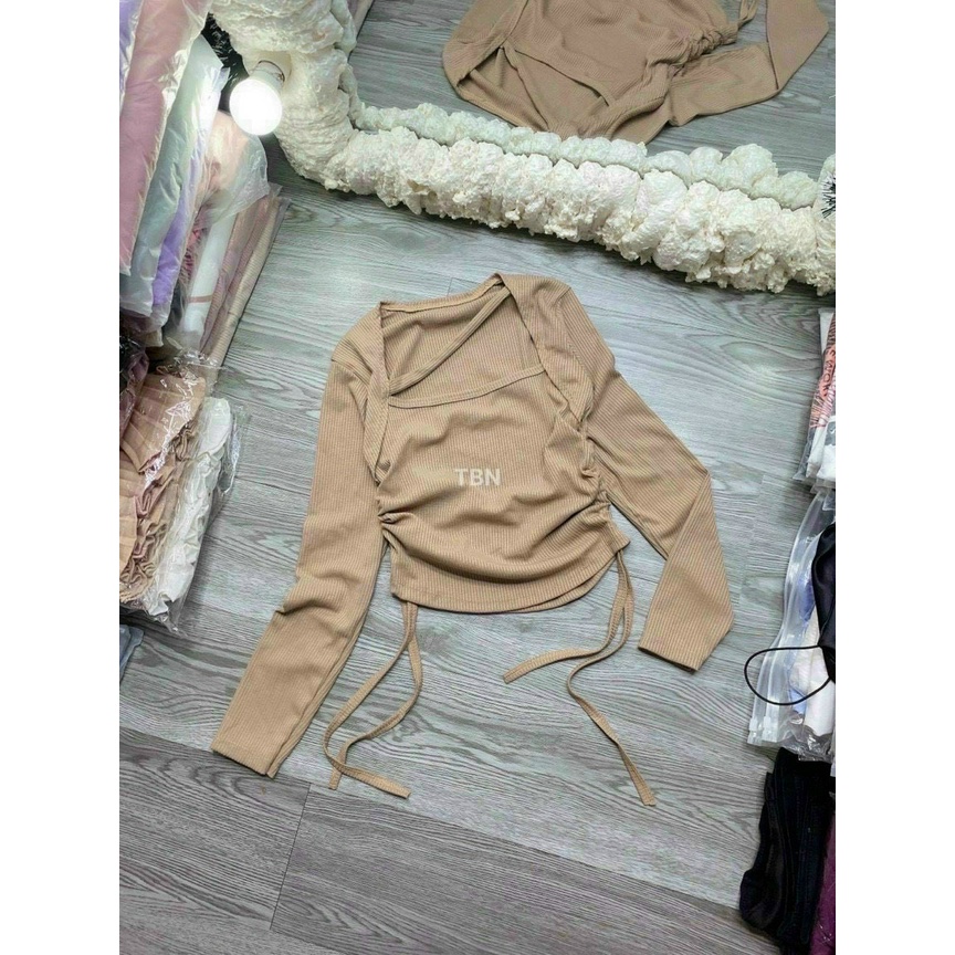 áo kiểu tay dài dây chéo rút dây 2 bên xinh chất thun gân mềm