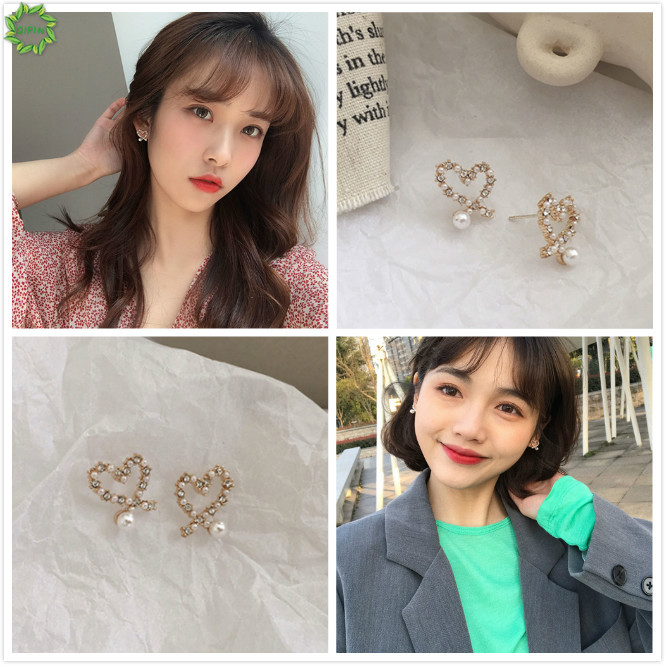 Hoa tai hình trái tim đính ngọc trai giả xinh xắn