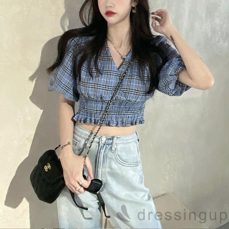 Áo Croptop Tay Lỡ Cổ Chữ V Họa Tiết Ca Rô Thời Trang Dành Cho Nữ