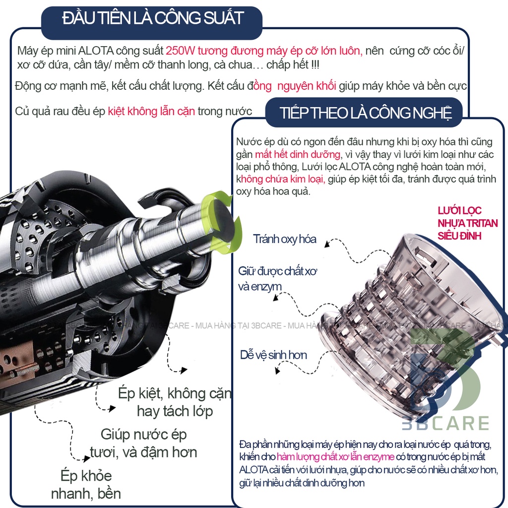 Máy ép chậm mini ALOTA E11 ép kiệt 97% bã giữ trọn dinh dưỡng , máy ép trái cây