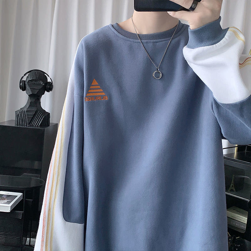 Áo sweater cổ tròn dáng rộng lót nhung phối màu phong cách hong kong thời trang mùa thu cho nam size m-4xl