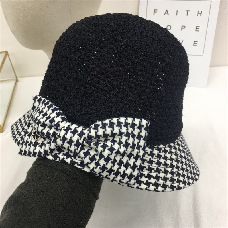MŨ/NÓN TAI BÈO ĐAN CÓI PHỐI VẢI MÀU ĐEN Họa Tiết Caro Đính Nơ Xinh Xắn,Thời Trang Trẻ Trung Mùa Hè Dành Cho Nữ