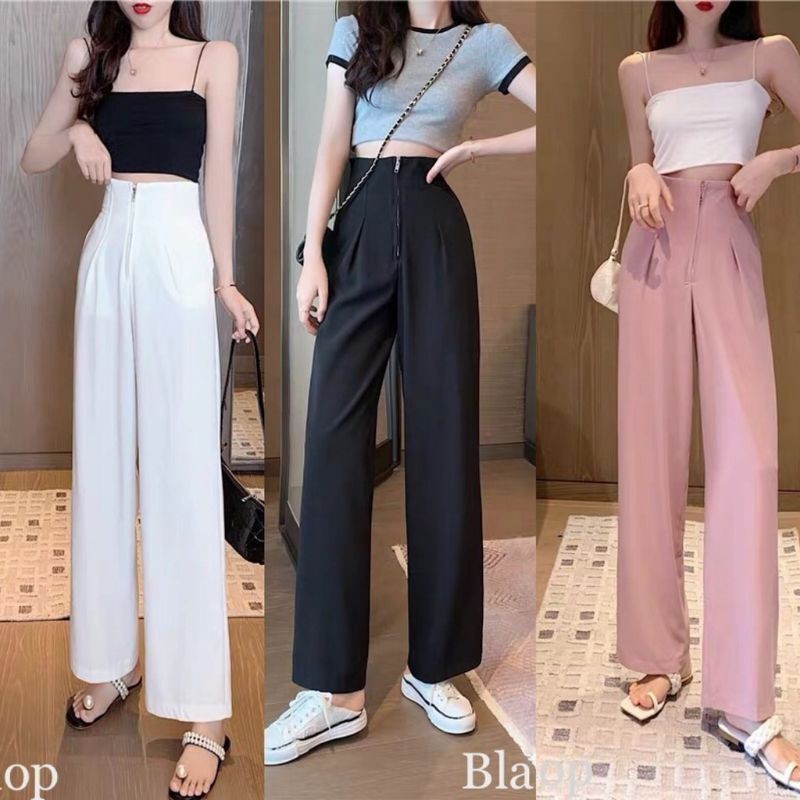 Quần ống rộng cạp liền xuốt eo khóa trước siêu tôn dáng