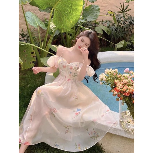 ĐẦM MAXI HOA CÚP NGỰC 2 DÂY RỚT VAI PHỒNG