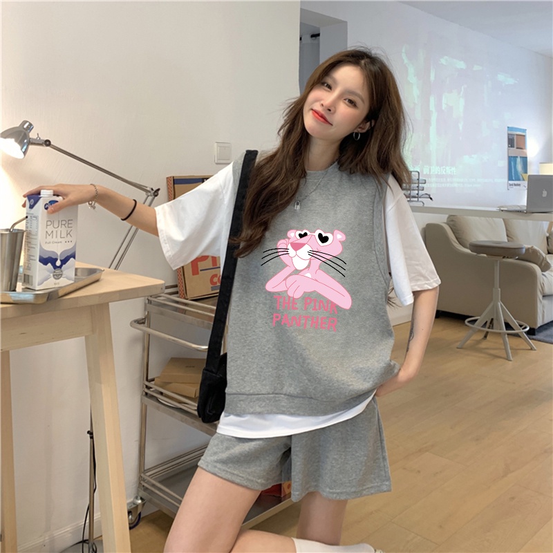 Set Áo Thun Ngắn Tay Form Rộng In Họa Tiết Hoạt Hình Và Quần Short Thời Trang Mùa Hè
