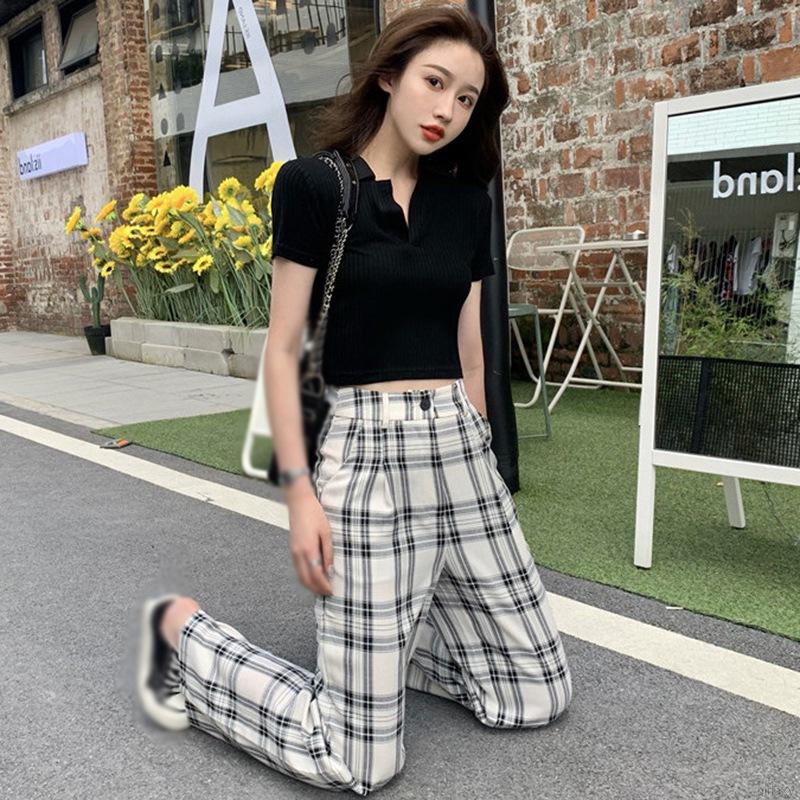 Quần Dài Ống Rộng Họa Tiết Ca Rô Phong Cách Hàn Quốc Dành Cho Nữ