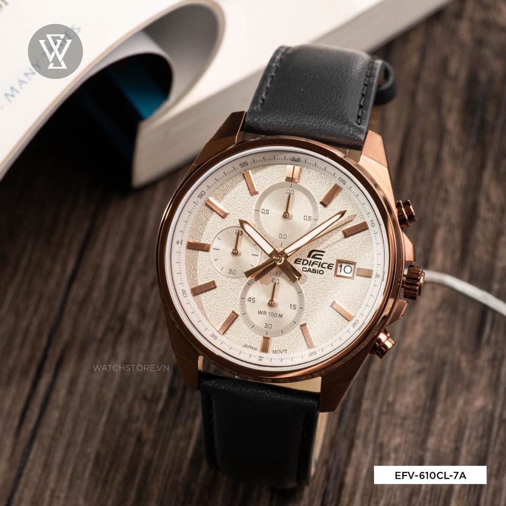 Đồng Hồ Quartz Nam Casio Edifice WATCHSTORE EFV-610CL-7AVUDF Kính Khoáng 43.8mm, Dây Da, Mặt Tròn Màu Vàng Hồng Cổ Điển