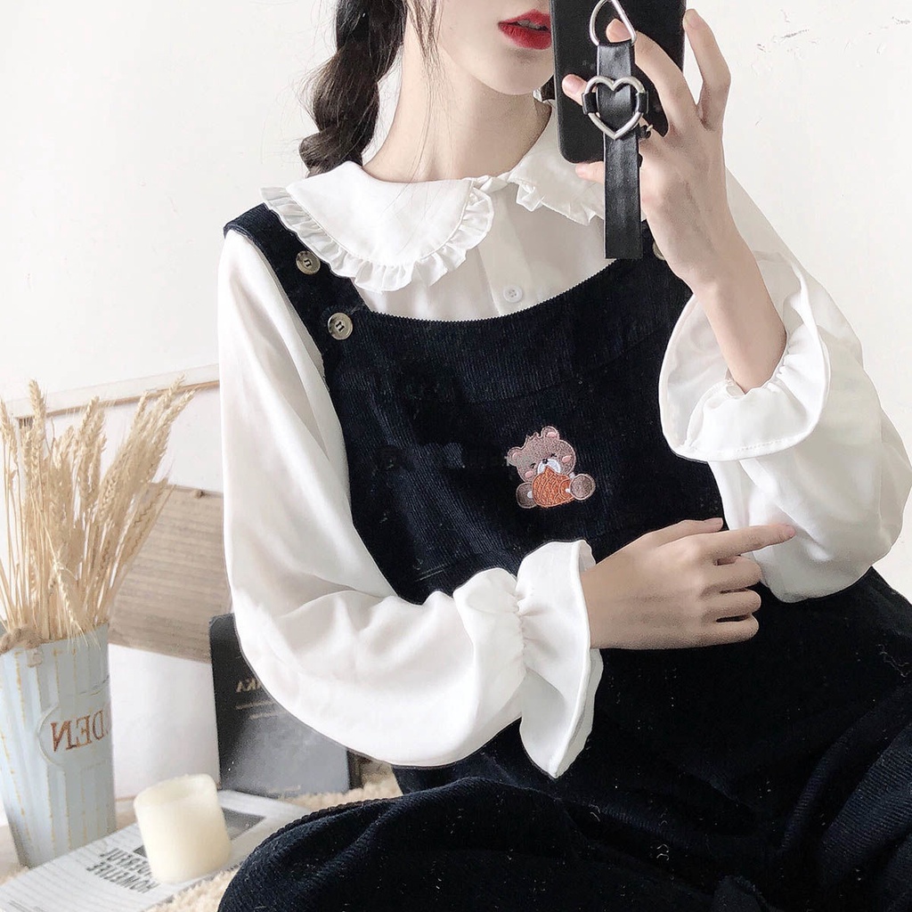 Áo Sơ Mi Tay Dài Cổ Búp Bê Phối Ren Mềm Mại Dáng Rộng Kiểu Nhật Hàn Thời Trang Xuân Hè Cho Nữ