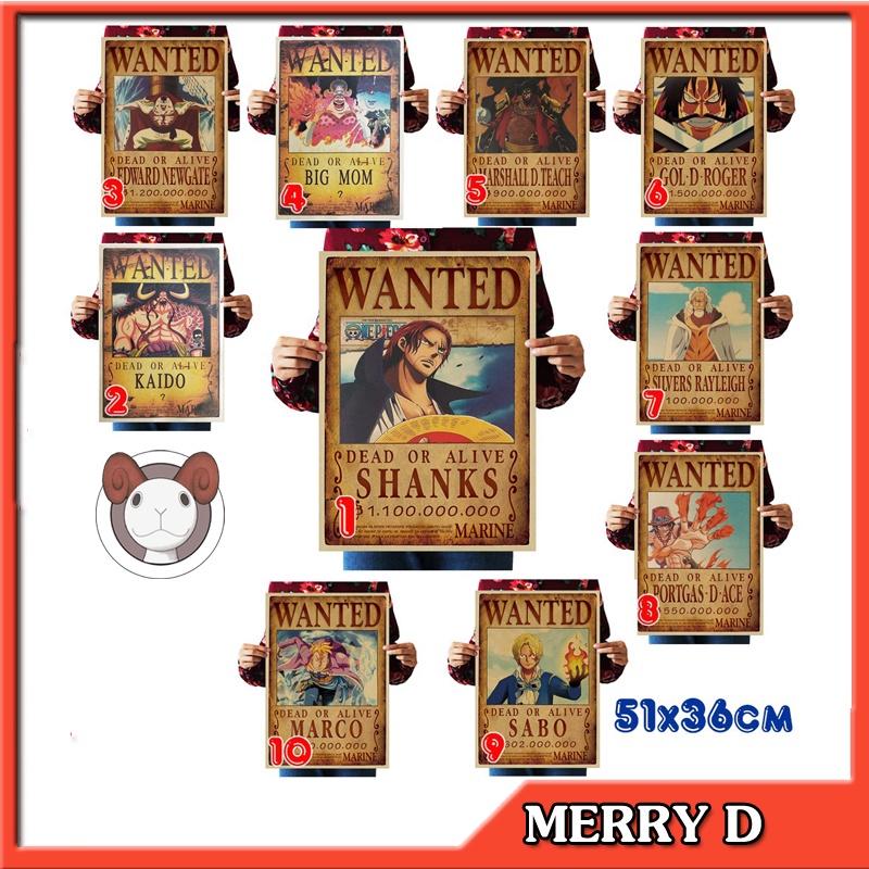 Poster One Piece Tứ Hoàng 51x36cm Vintage - Hình Vua Hải Tặc - Shanks, Kaido, Râu Đen, Bố Già, Big Mom