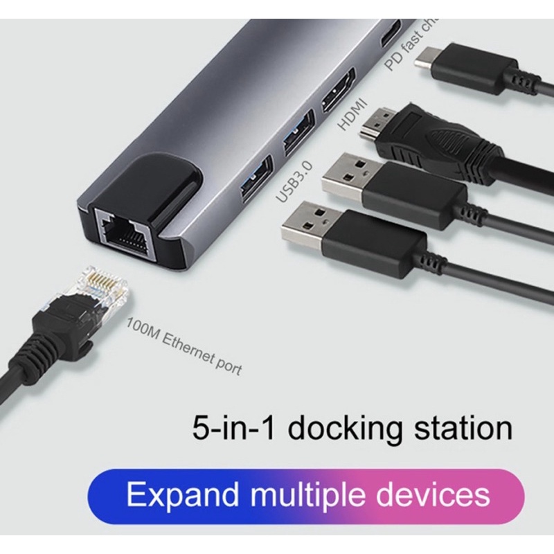 Bộ chuyển đổi nguồn USB type C Hdmi 4K USB 3.0 PD sang Ethernet Rj45 Lan 5 trong 1 / 8 trong 1