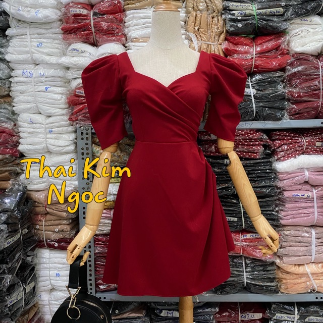 Đầm xoè cổ đắp chéo tay phồng 2 màu | BigBuy360 - bigbuy360.vn